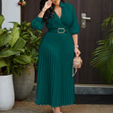 EVE Plus Size V Neck Press Pleated Midi Dress GCZF-8622