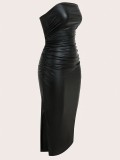 EVE Solid Color PU Leather Split Midi Dress GFMA-25058
