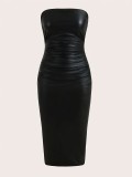 EVE Solid Color PU Leather Split Midi Dress GFMA-25058
