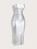 EVE Solid Color PU Leather Split Midi Dress GFMA-25058