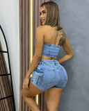 EVE Sexy Zipper Wrap Chest Tops And Shorts Denim Suit GAKF-50218