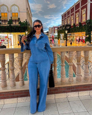 EVE Plus Size Long Sleeve Lapel Denim Two Piece Pants Set GADE-6561