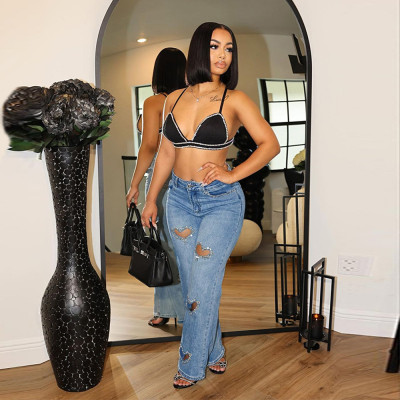 EVE Hollow Out Hot Drill Jeans GFRT-DZF2611