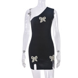 EVE Rhinestone Bow Split Mini Dress GFRT-31702DHY