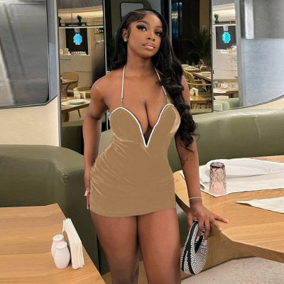 EVE Backless Deep V Neck Halterneck Mini Dress GFRT-11029DHL