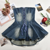 EVE Zipper Wrap Chest Denim Ruffles Dress GNZD-51034DHD