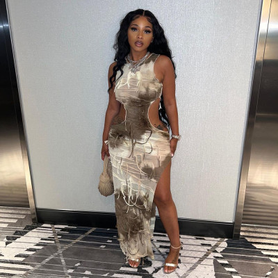 EVE Tassel Tie Dye Split Hollow Out Maxi Dress GFRT-31249DY