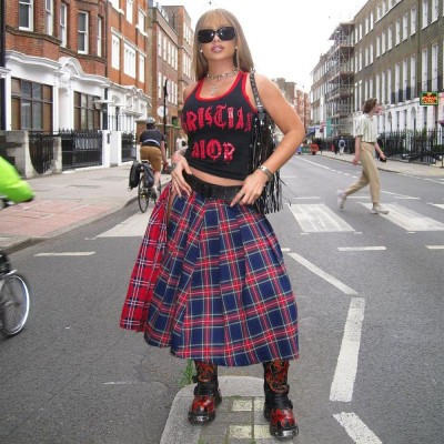 EVE Contrast Color Plaid Print Split Skirt GFRT-7993SG