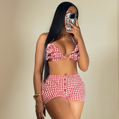 EVE Sexy Plaid Print Backless Tie Up Shorts Suit GFRT-41439SHG