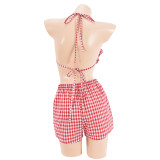 EVE Sexy Plaid Print Backless Tie Up Shorts Suit GFRT-41439SHG