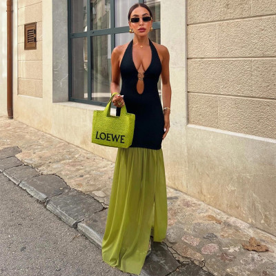 EVE Backless Sleeveless Contrast Color Maxi Dress GFRT-41508DHG