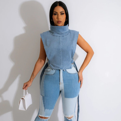 EVE High Collar sleeveless Denim Short Vest GFRT-9189TD