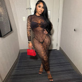 EVE Mesh See Through Leopard Print Maxi Dress GZJQ-K24D56731