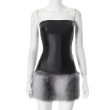 EVE Leather Tube Tops Plush Patchwork Mini Dress MXBF-H24DS288