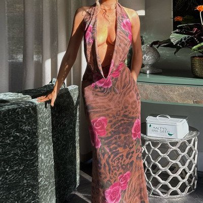 EVE Sexy Halterneck Backless Printed Maxi Dress FL-JY24623MHO