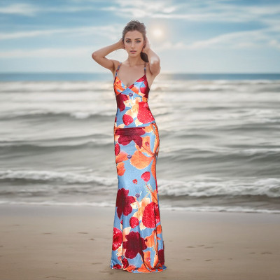 EVE Sexy Print Backless Sling Maxi Dress FL-CF24462PFO