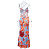 EVE Sexy Print Backless Sling Maxi Dress FL-CF24462PFO