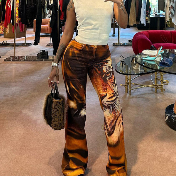 EVE Tiger Print High Waisted Straight Leg Pants GZJQ-K23P30609