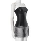 EVE Leather Tube Tops Plush Patchwork Mini Dress MXBF-H24DS288