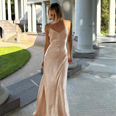 EVE Sexy V-neck Backless Satin Sling Maxi Dress FL-XY24609PFO