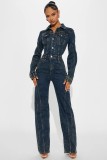 EVE Washed Long Sleeve Patchwork Denim Jumpsuit LX-6039