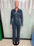 EVE Washed Long Sleeve Patchwork Denim Jumpsuit LX-6039