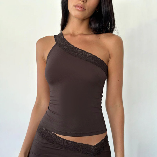 EVE Solid Color Slash Shoulder Lace Patchwork Tops FL-ZX24441PFO