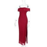 EVE Mesh One Shoulder Split Maxi Dress FL-XY24669DGD