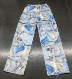 EVE Printed Faux Denim Drawstring Relaxed Straight Pants GSMJ-6988