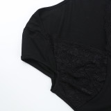 EVE Slim Lace Patchwork Short Sleeve Top FL-YL24631MHO