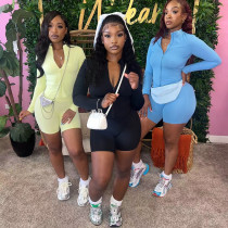 EVE Solid Color Sport Long Sleeve Two Piece Short Set XMCS-CS2024625397