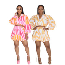 EVE Print Zipper Loose Bubble Sleeve Blouse Skirts Suit SFY-653