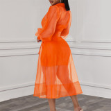 EVE Mesh Tie Up Shirt Dress+Sling Vest Dress Two Piece Set GMLF-3324