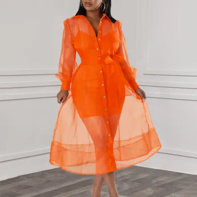 EVE Mesh Tie Up Shirt Dress+Sling Vest Dress Two Piece Set GMLF-3324