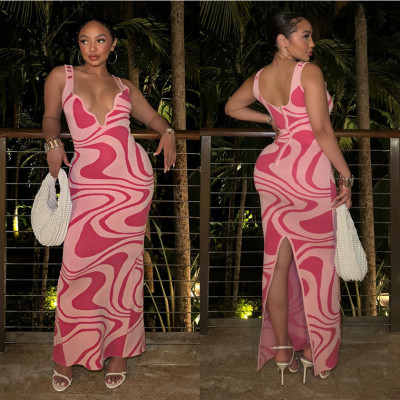 EVE Print Backless Hollow Out Sling Maxi Dress YNSF-2675