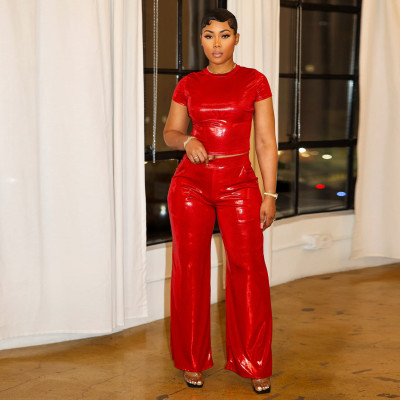 EVE Hot Stamping Solid Color Short Sleeve Wide Leg Pants Set YNSF-2673