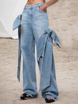 EVE Washed Spliced Bow Wide Leg Jeans GMWF-S98569