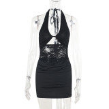 EVE Lace Hollow Out Patchwork Halterneck Mini Dress FL-XY24624DGO