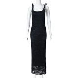 EVE Strappy Bow Backless Lace Double Layer Long Dress GNZD-51526DHD