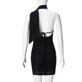 EVE Sexy Solid Color Halterneck Backless Mini Dress GNZD-32423DBY