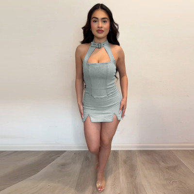 EVE Sexy Solid Color Halterneck Mini Dress GNZD-51177DHD