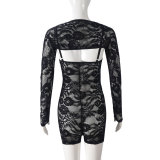 EVE Lace Long Sleeve Hollow Out Sling Romper 2 Piece Set GNZD-51457JHD