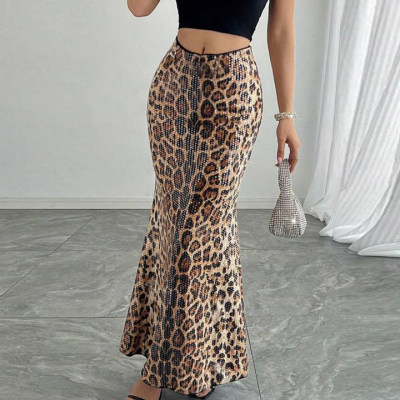 EVE Leopard Print Sequin Patchwork Double Layered Long Skirt GNZD-51515DHD