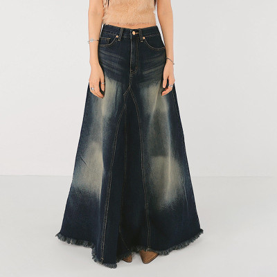 EVE Washed Colorblocked A-Line Denim Half-Body Skirt GMWF-AL9626