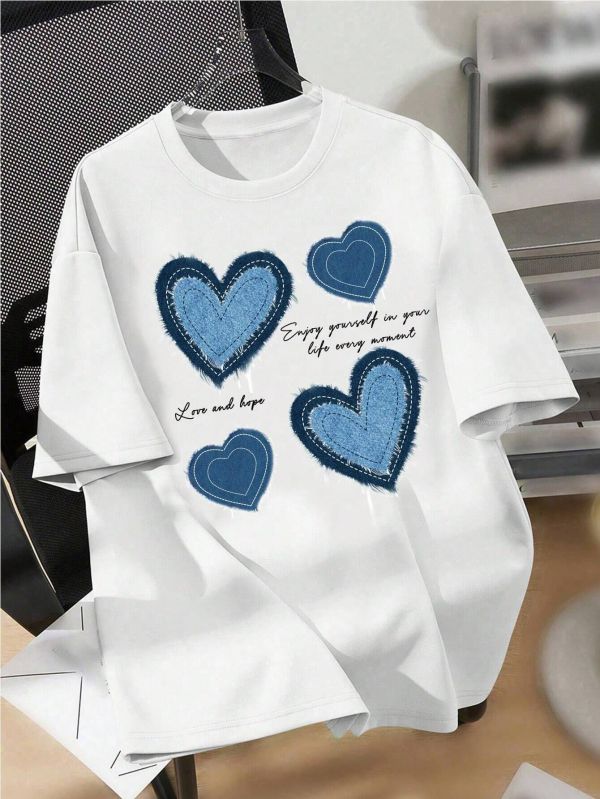 EVE Denim Printed Heart Round Neck T Shirt GYIQ-ZW113527C