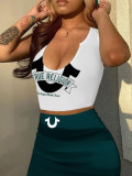 EVE Plus Size Letter Print Sleeveless Tops Two Piece Skirt Set HMYI-06543