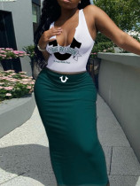 EVE Plus Size Letter Print Sleeveless Tops Two Piece Skirt Set HMYI-06543