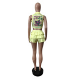 EVE Sexy Print Ruffles Sleeveless Two Piece Short Set MEM-88632