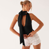 EVE Solid Color Deep V Neck Tie Up Tops GPBY-17158