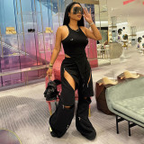 EVE Solid Color Multi Zipper Drawstring Loose Fit Athletic Pants MXBF-K24PT422